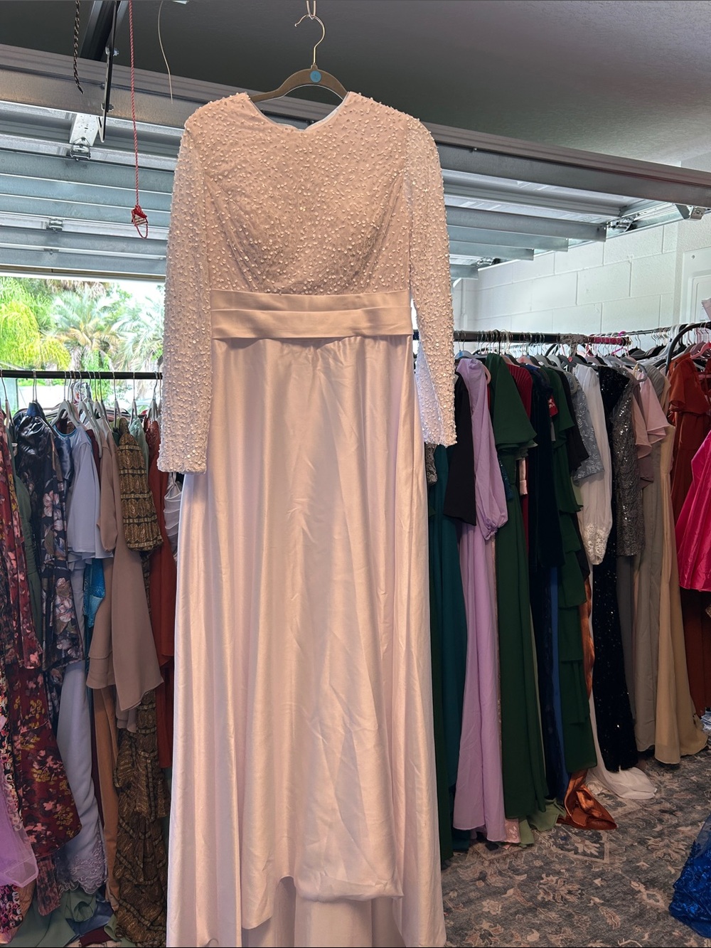 Elegant Long Sleeve Beaded Ivory Evening Dress